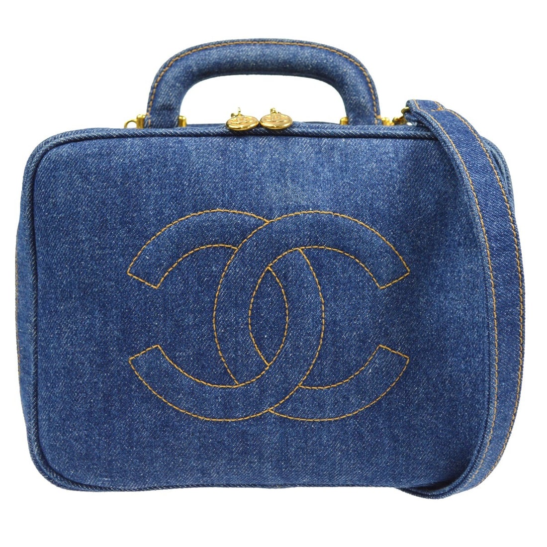 Chanel Indigo Denim Timeless Lunch Box Vanity Handbag 2Way: Chanel Indigo Denim Timeless Lunch Box Vanity Handbag 2Way This Chanel Blue Denim Timeless Lunch Box Vanity handbag seamlessly blends style and functionality. Crafted from indigo denim, it features a