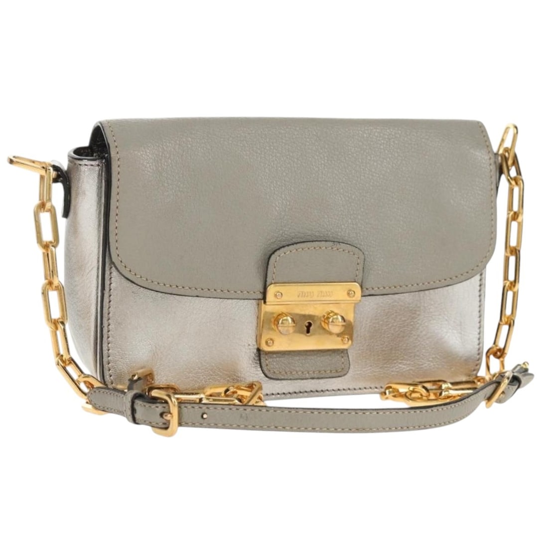 Miu Miu Leather Chain Shoulder Bag in Gold and Silver with Dust Bag: Miu Miu Leather Chain Shoulder Bag in Gold and Silver with Dust Bag This Miu Miu chain shoulder bag features a gold and silver leather exterior, complemented by a metal chain strap. The bag is designe
