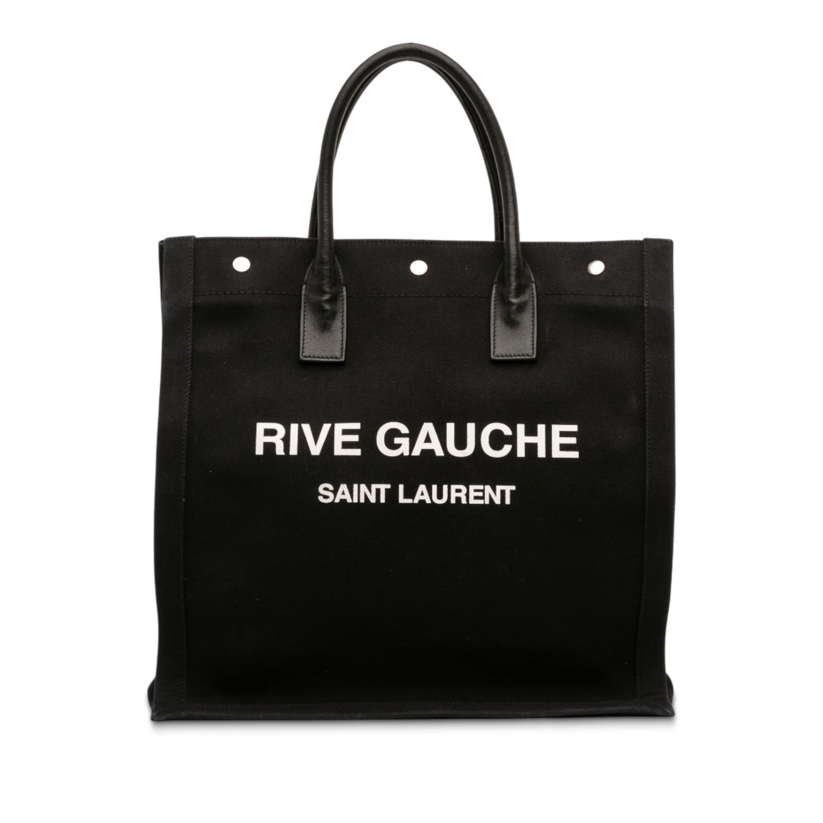 Saint Laurent Rive Gauche Canvas Tote with Leather Trim: Saint Laurent Rive Gauche Canvas Tote with Leather Trim This Saint Laurent Rive Gauche North South Tote features a black canvas body with leather trim, rolled leather handles, an open top with snap bu