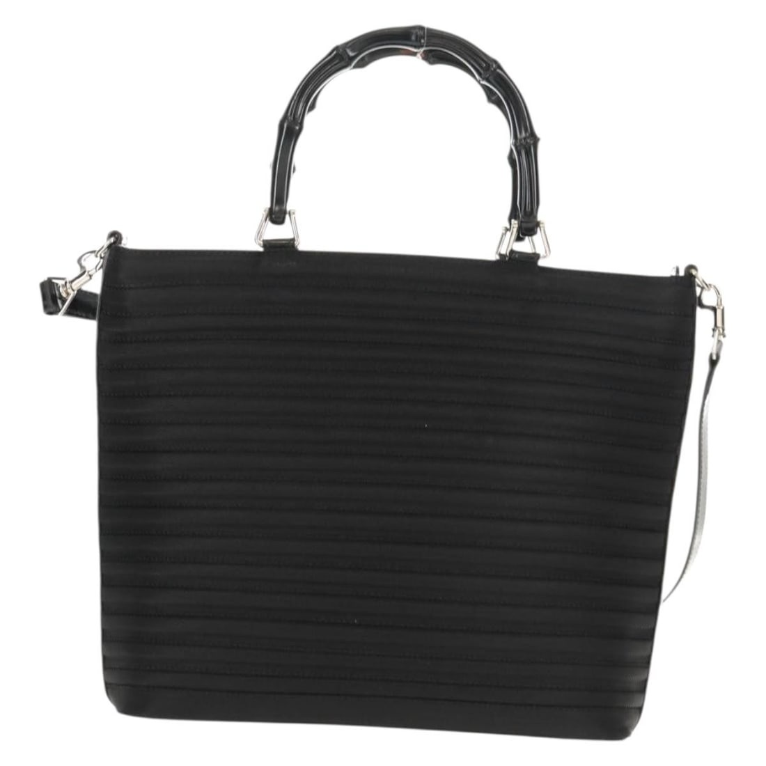 Gucci Nylon Vintage Bamboo Handle Purse Black 26cm by 23cm by 9cm: Gucci Nylon Vintage Bamboo Handle Purse Black 26cm by 23cm by 9cm This vintage Gucci handbag features a distinctive bamboo handle and is crafted from black nylon. Designed for women, the bag showcases