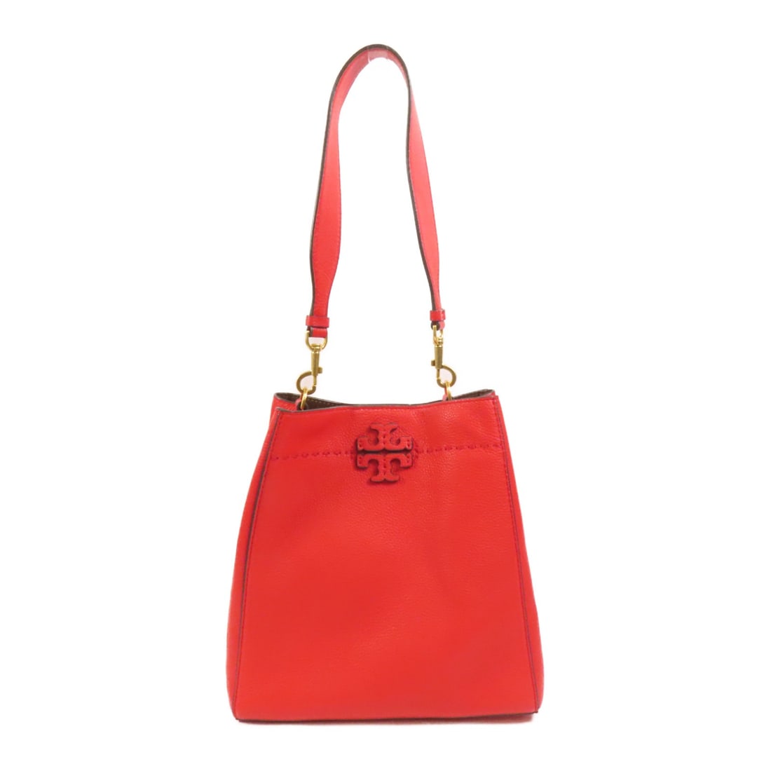 Tory Burch Red Calfskin Shoulder Bag with Gold Tone Hardware: Tory Burch Red Calfskin Shoulder Bag with Gold Tone Hardware This Tory Burch shoulder bag features a striking red calfskin leather exterior and gold tone hardware. Designed in a regular size, it offer