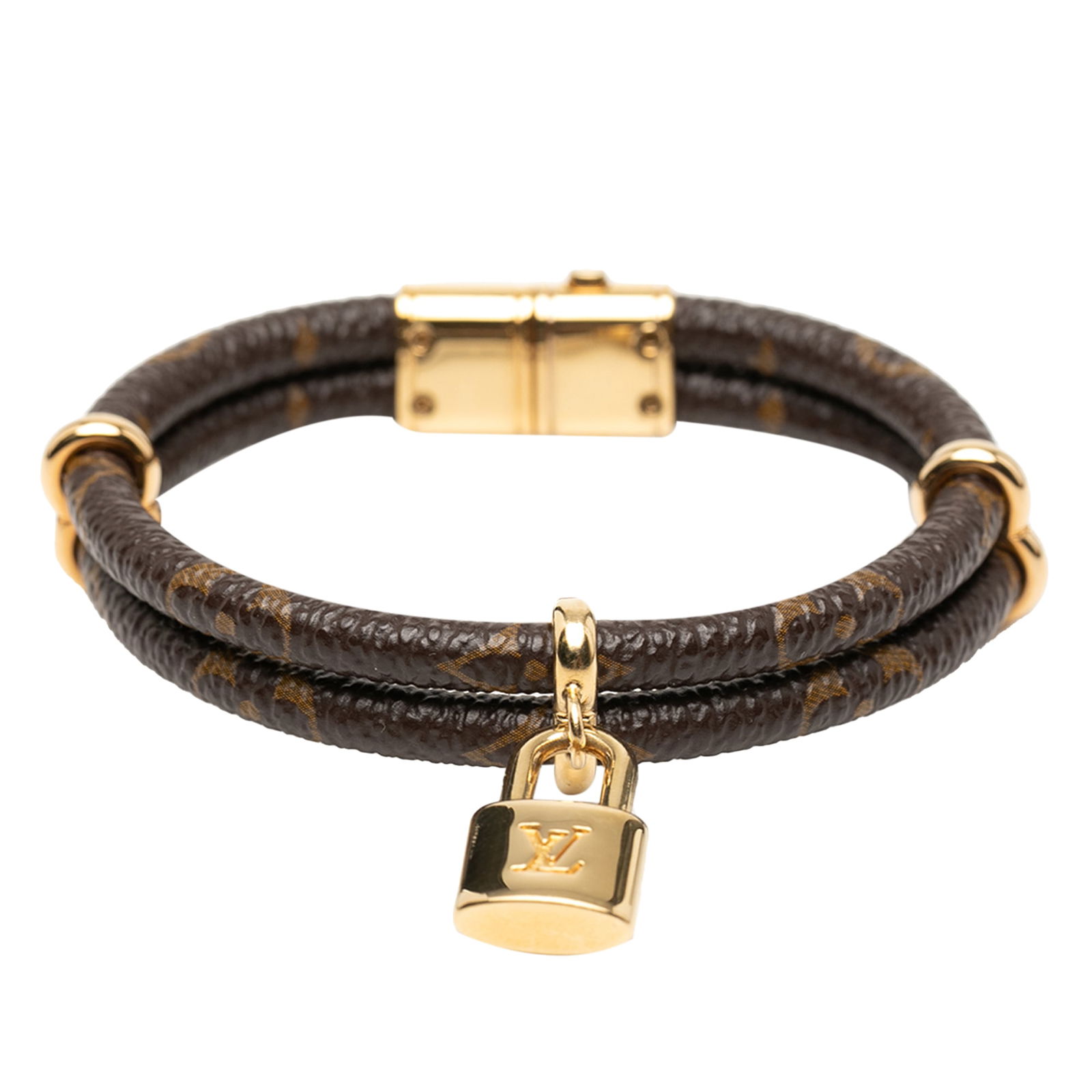 Monogram Keep It Twice Bracelet by Louis Vuitton with Gold Tone Hardware: Monogram Keep It Twice Bracelet by Louis Vuitton with Gold Tone Hardware This Louis Vuitton Monogram Keep It Twice Bracelet 19 features a signature monogram canvas body complemented by gold-tone hardw