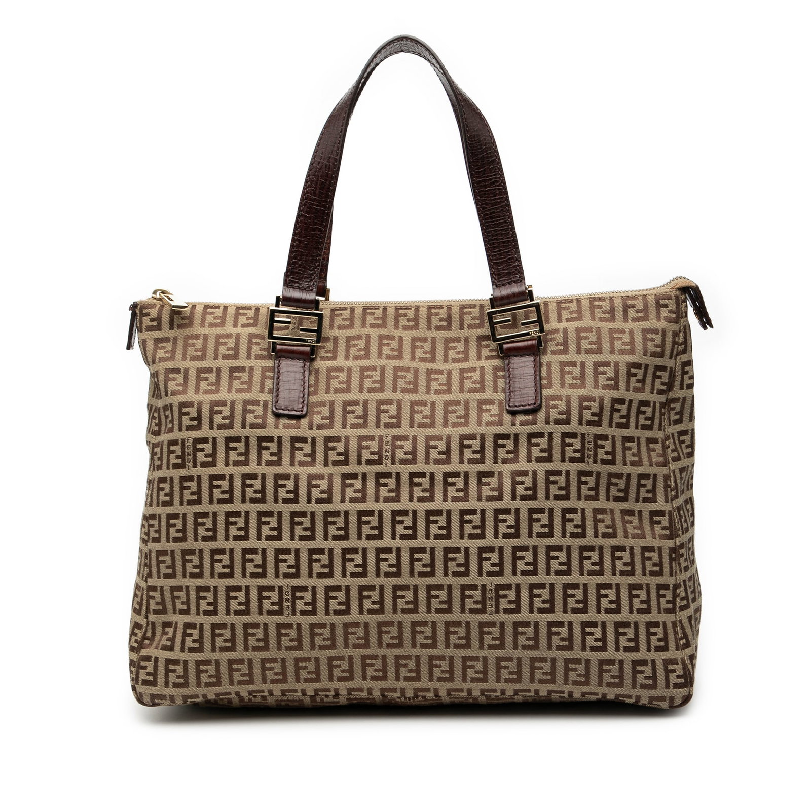 Brown Zucchino Canvas Tote Bag by Fendi with Leather Straps: Brown Zucchino Canvas Tote Bag by Fendi with Leather Straps This Fendi Zucchino Canvas Tote features a brown fabric body, flat leather straps, a top zip closure, and an interior slip pocket. The bag s