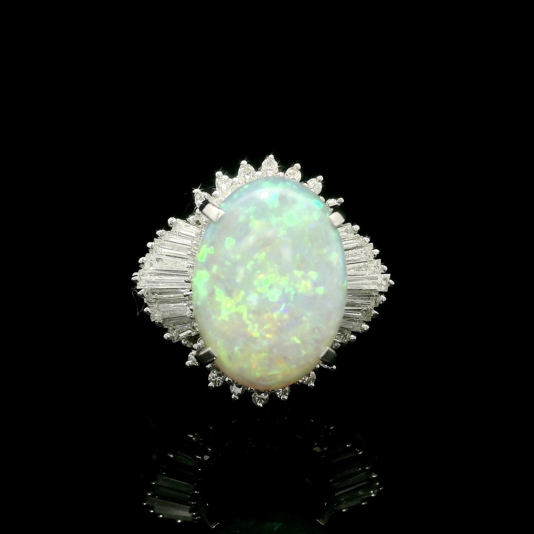 Platinum 4.82ctw Opal Diamond Ballerina Cocktail Ring Size 6: Platinum 4.82ctw Opal Diamond Ballerina Cocktail Ring Size 6 This exquisite cocktail ring showcases a stunning natural opal at its center, featuring a captivating oval cabochon cut that measures 13.8x