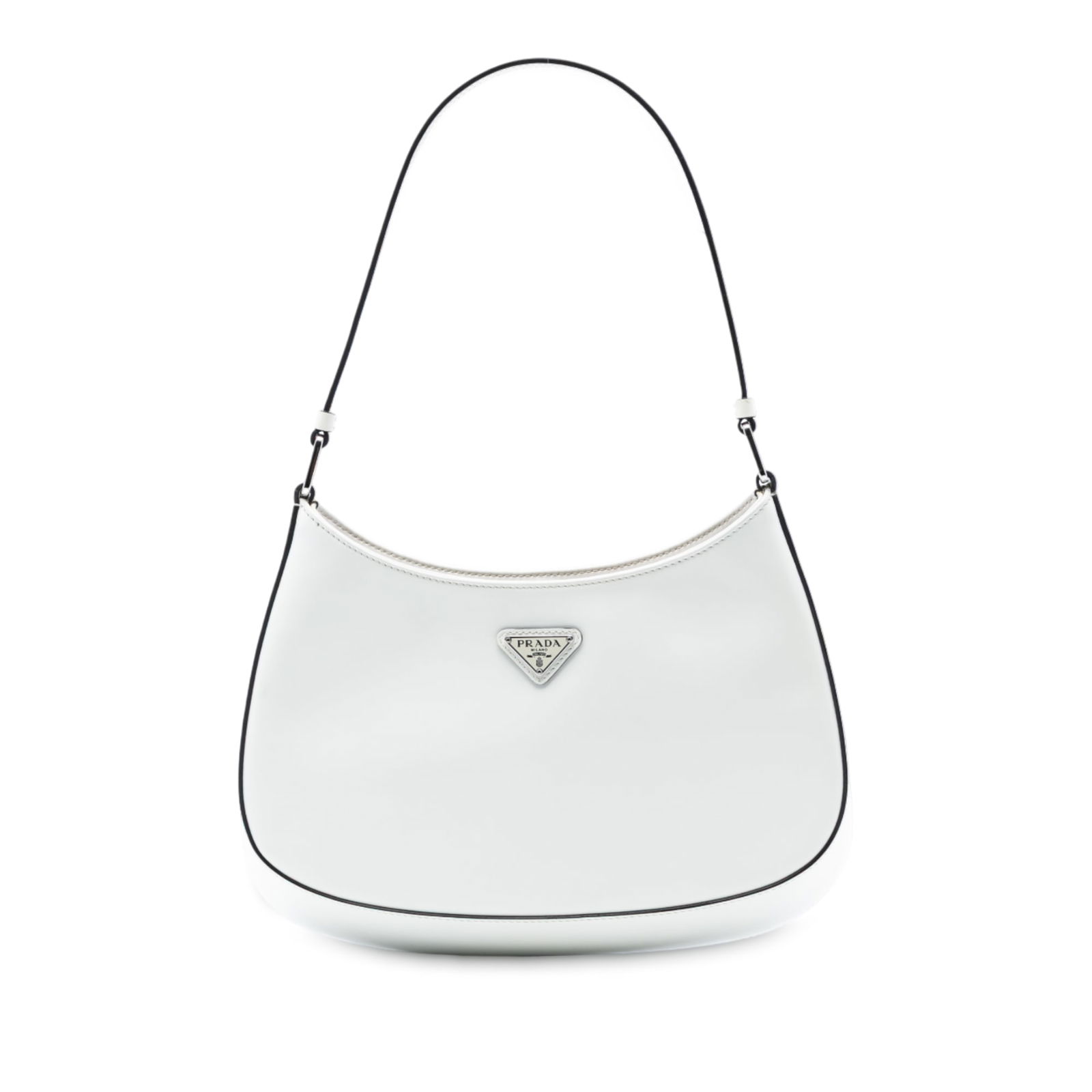 Prada Cleo White Brushed Leather Shoulder Bag from Italy: Prada Cleo White Brushed Leather Shoulder Bag from Italy This Prada Cleo Shoulder Bag showcases a brushed leather exterior in white, complemented by a flat leather shoulder strap. The bag features an
