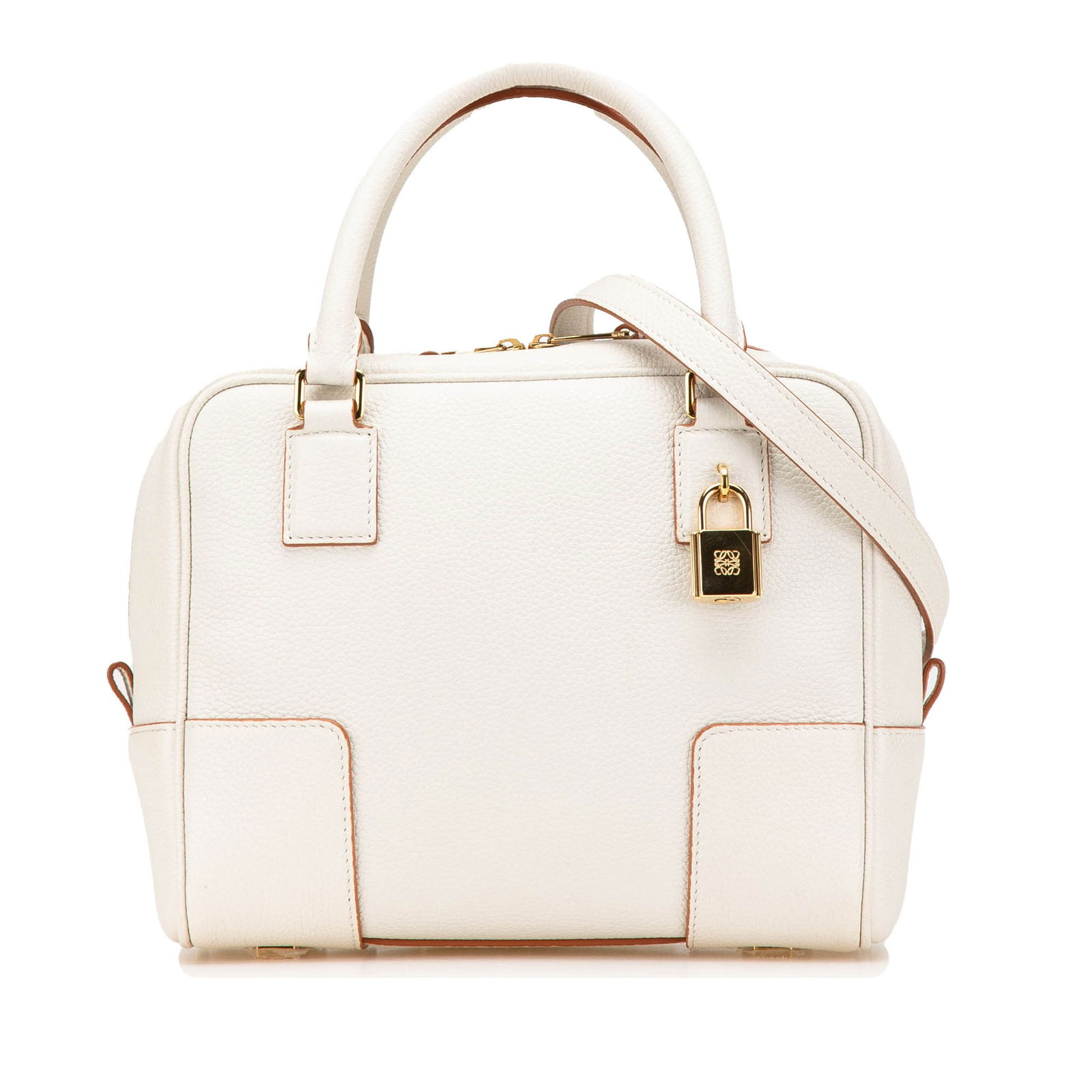 LOEWE Leather Amazona Square 19 White Satchel Bag: LOEWE Leather Amazona Square 19 White Satchel Bag Introducing the LOEWE Leather Amazona Square 19, an elegant satchel crafted from high-quality leather. This stylish bag features rolled leather handle