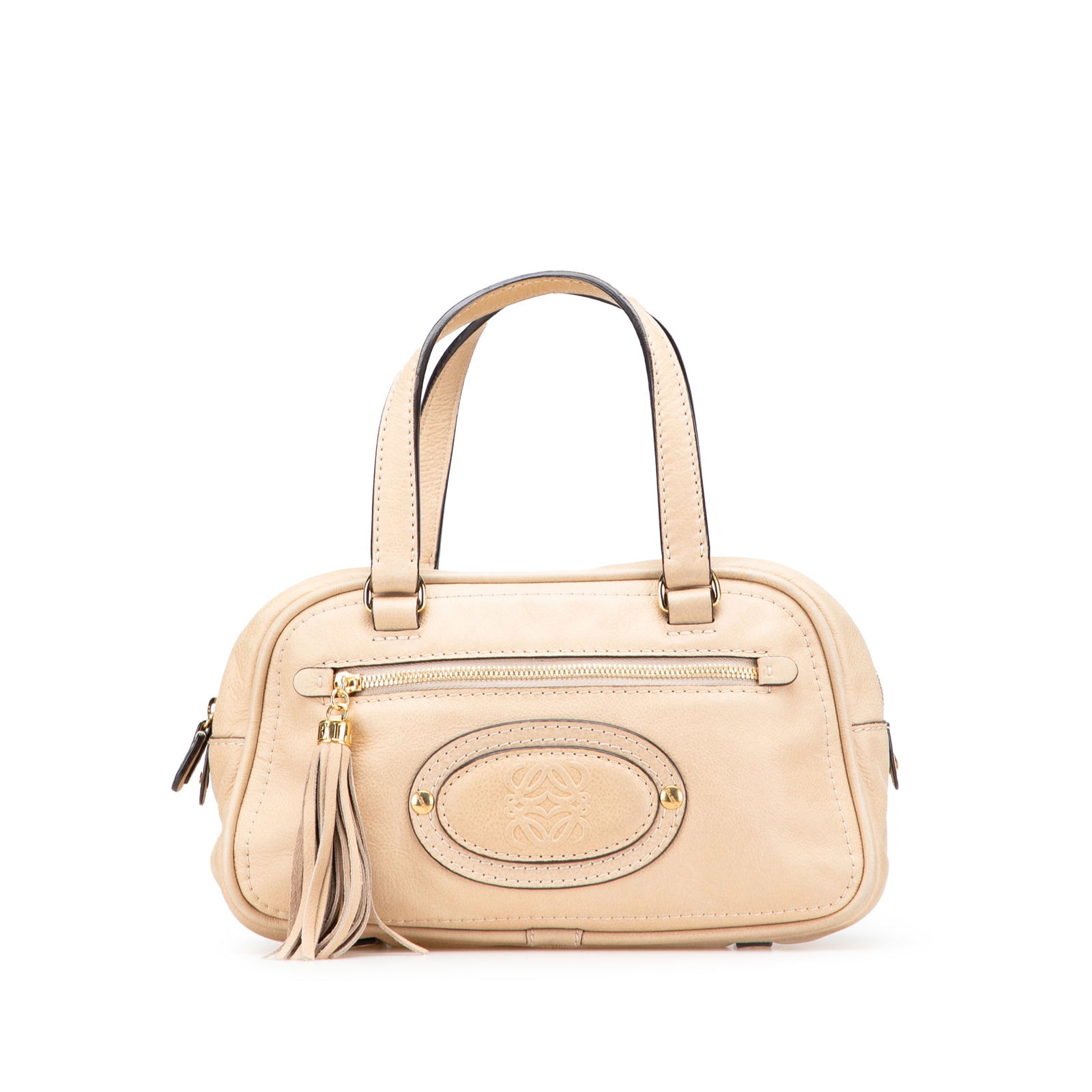 LOEWE Mini Anagram Leather Tassel Handbag in Brown: LOEWE Mini Anagram Leather Tassel Handbag in Brown This LOEWE Mini Anagram Leather Tassel Handbag is crafted from high-quality leather, featuring flat leather handles and a convenient top zip closure.