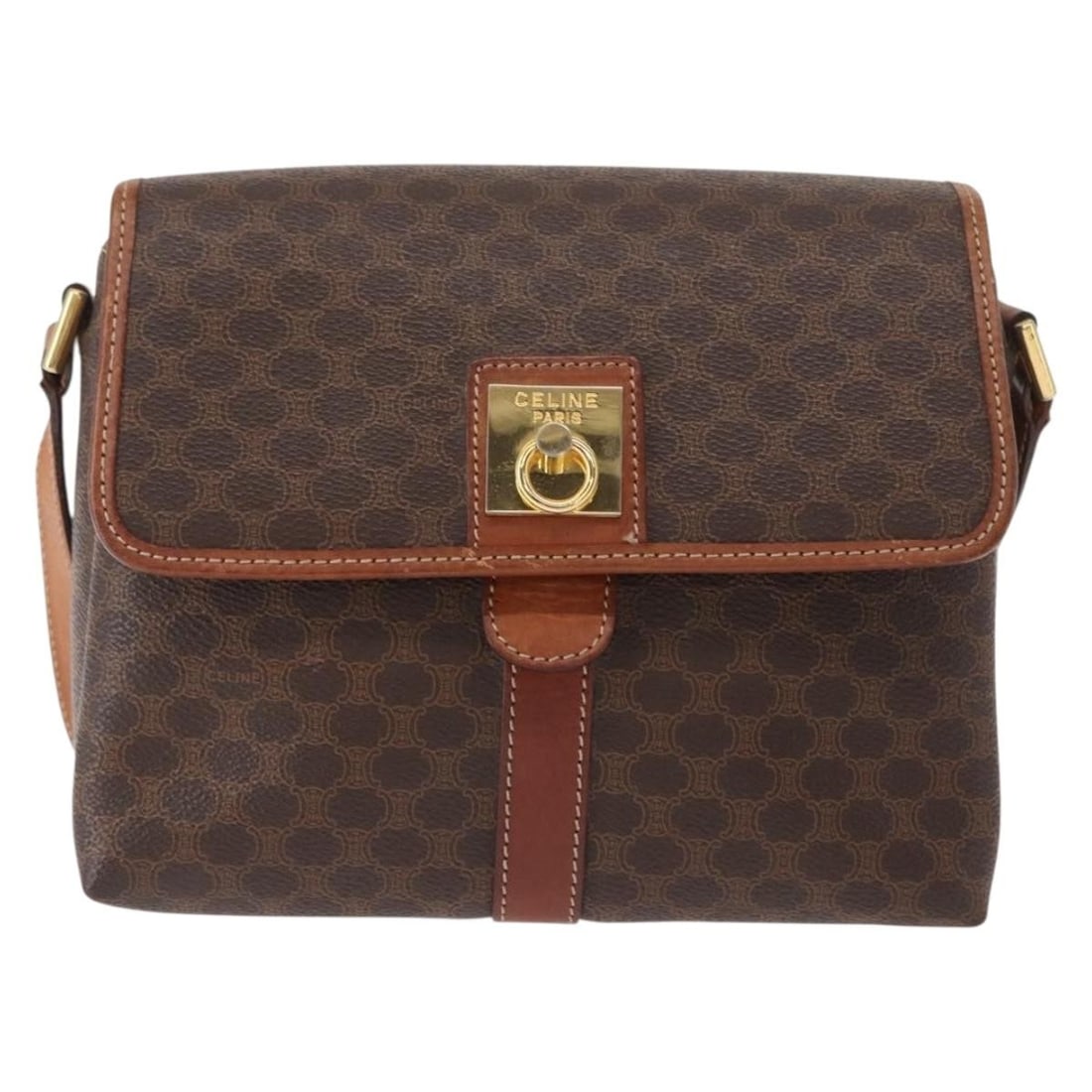 Celine Macadam Vintage Canvas Shoulder Bag with Leather Trim: Celine Macadam Vintage Canvas Shoulder Bag with Leather Trim This Celine Vintage Macadam shoulder bag is crafted from brown canvas with leather accents. Designed for women, the bag features a classic