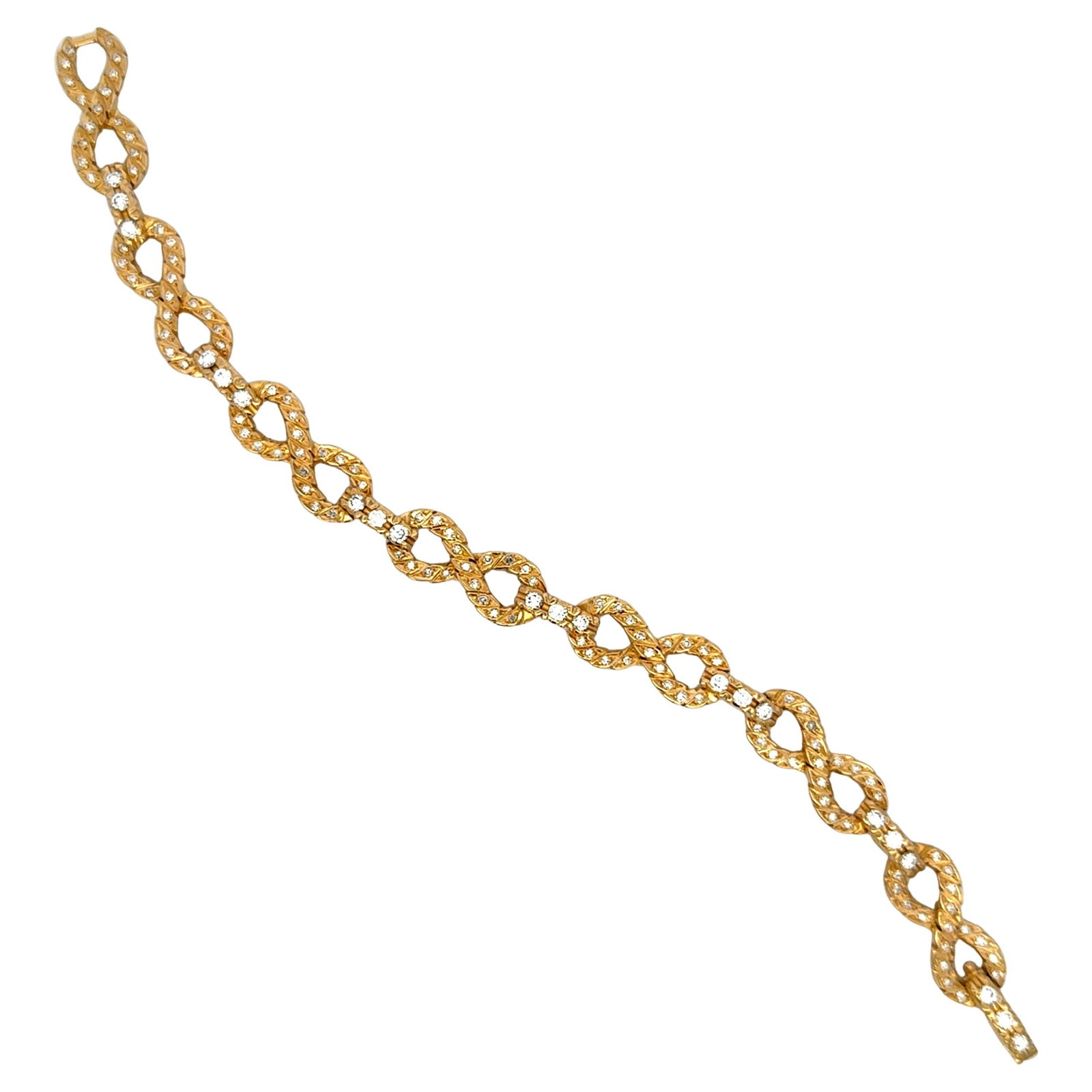 Infinity Link 18K Yellow Gold Diamond Bracelet 2 Carat G VS2 7.5 Inch: Infinity Link 18K Yellow Gold Diamond Bracelet 2 Carat G VS2 7.5 Inch This vintage infinity link diamond bracelet is crafted from solid 18K yellow gold and features 140 round brilliant-cut diamonds wi