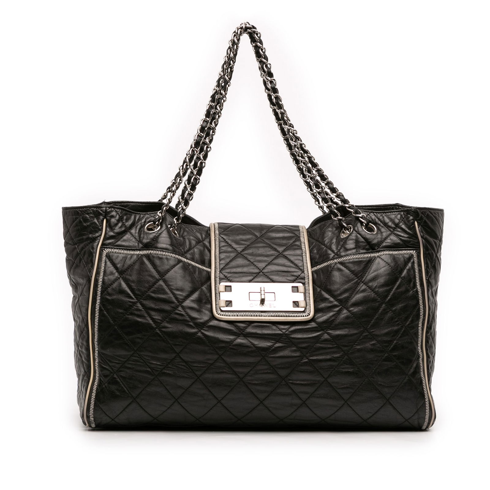 Black Lambskin East West Tote with Quilted Finish by Chanel: Black Lambskin East West Tote with Quilted Finish by Chanel This Chanel Large Reissue Quilted Lambskin East West Tote features a quilted lambskin leather body in black, a leather-woven chain strap, a