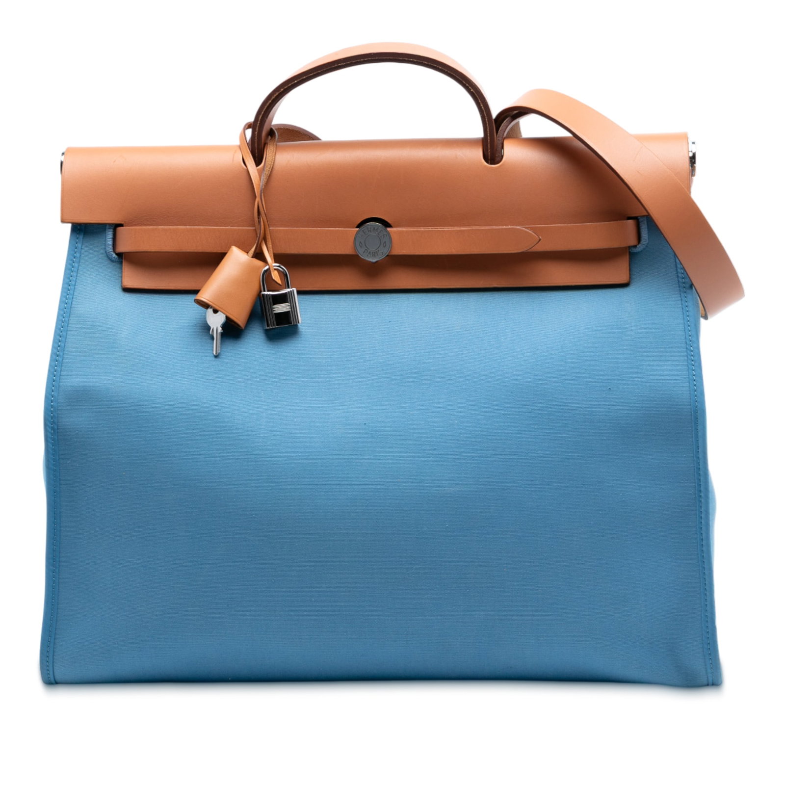 Herbag Zip 39 Blue Canvas Shoulder Bag with Leather Trim by Hermes: Herbag Zip 39 Blue Canvas Shoulder Bag with Leather Trim by Hermes This Hermes Toile Herbag Zip 39 features a canvas body with leather trim, a flat leather top handle, a flat leather shoulder strap, a