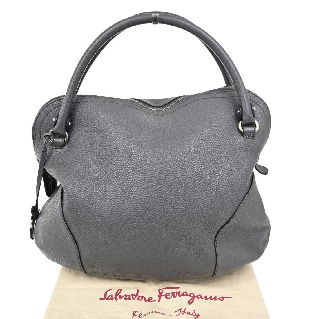 Salvatore Ferragamo Gancini Leather Shoulder Bag Gray: Salvatore Ferragamo Gancini Leather Shoulder Bag Gray This Salvatore Ferragamo Gancini handbag features gray leather construction and a shoulder design tailored for women. It originates from Italy and