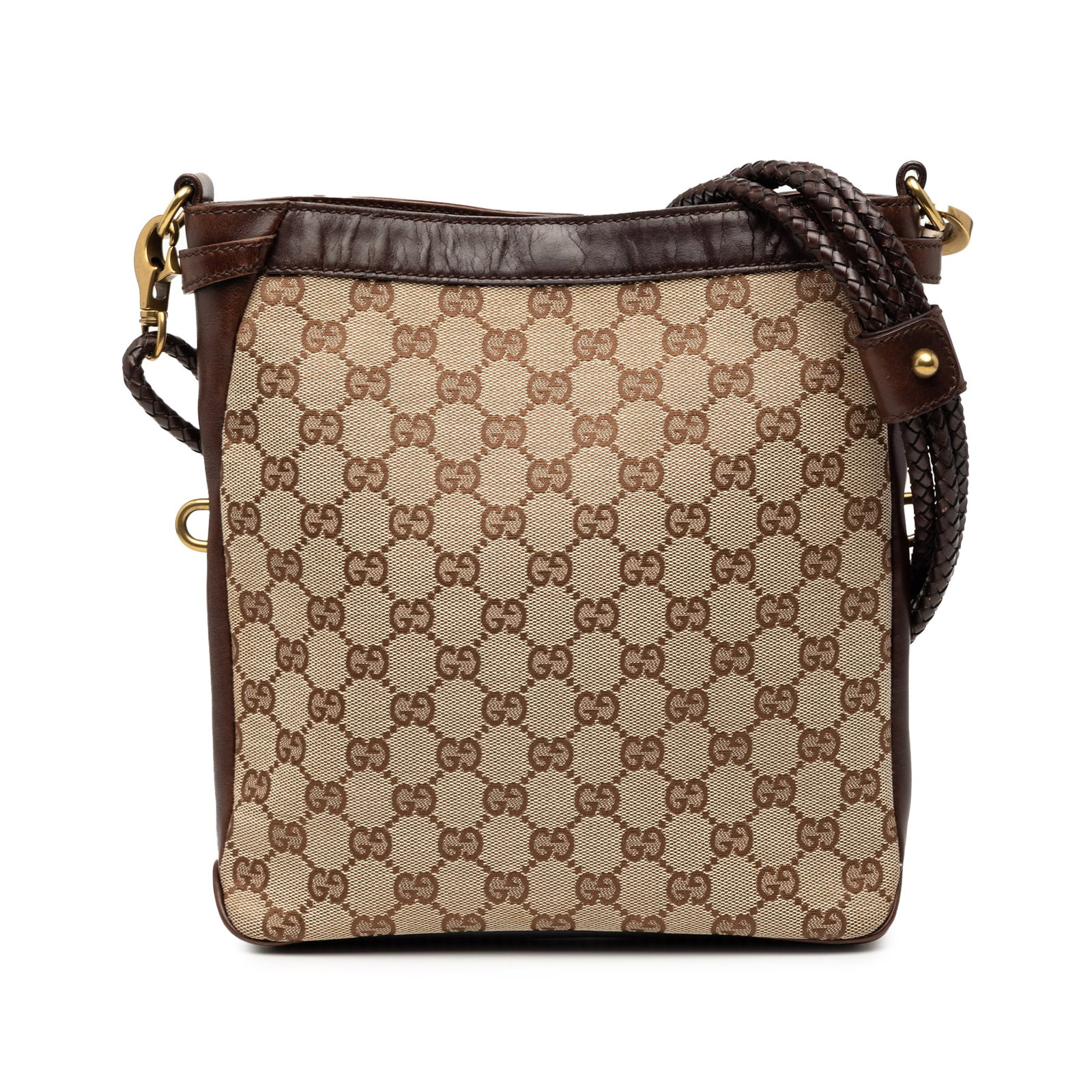 Gucci GG Canvas Brown Crossbody Bag with Adjustable Strap and Leather Trim: Gucci GG Canvas Brown Crossbody Bag with Adjustable Strap and Leather Trim This Gucci GG Canvas Crossbody bag features a brown canvas body with leather trim, an adjustable flat strap, an open top with