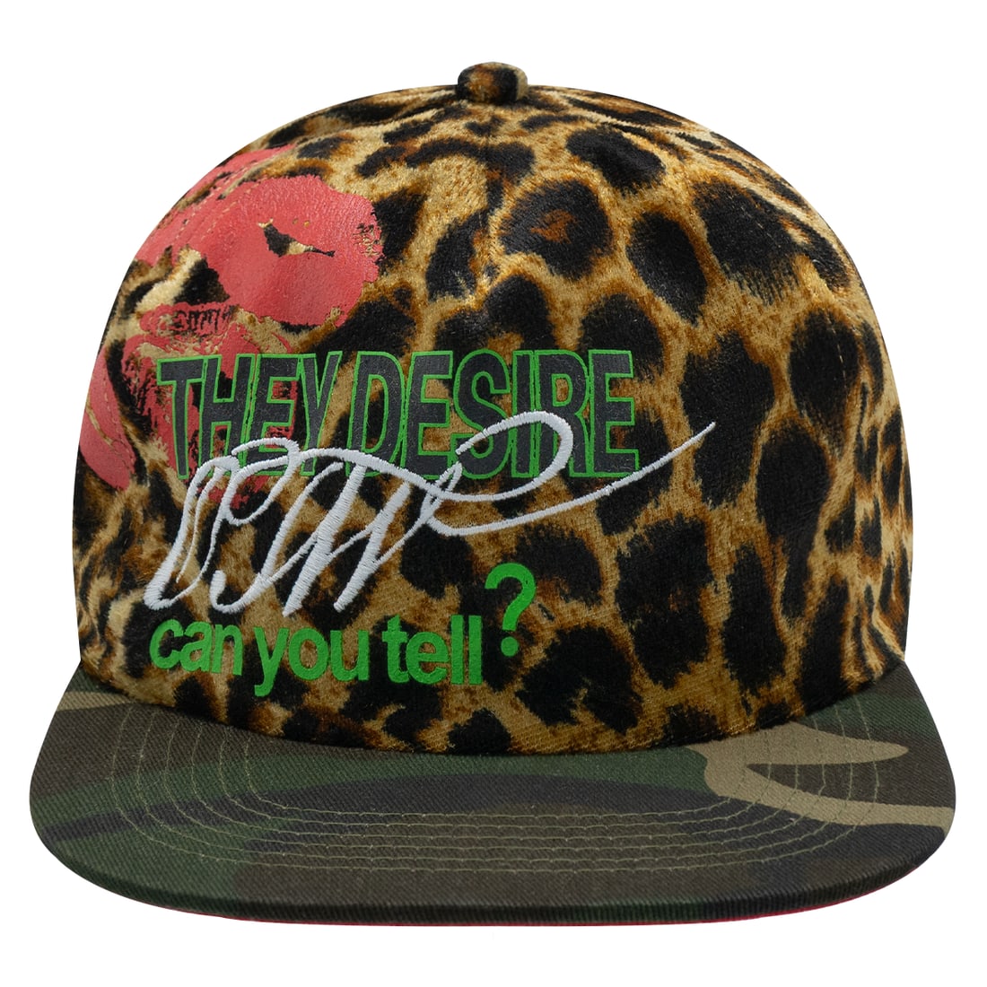 Split Cheetah Print and Camouflage OTW Adjustable Cap: Split Cheetah Print and Camouflage OTW Adjustable Cap This hat features a distinctive half-and-half design with a cheetah print body and a camouflage bill. It is constructed from durable materials and