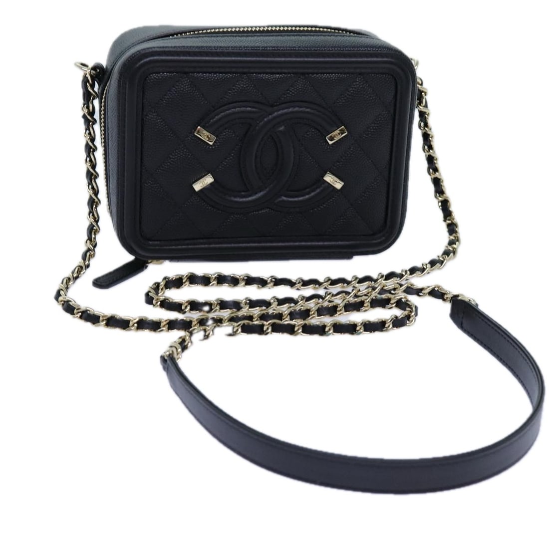 Chanel Filigree Quilted Caviar Leather Black Vanity Clutch with Chain (1 of 18)