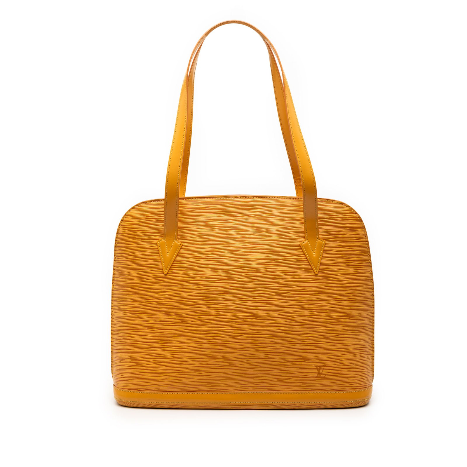 Epi Leather Lussac Shoulder Bag by Louis Vuitton in Yellow: Epi Leather Lussac Shoulder Bag by Louis Vuitton in Yellow This Louis Vuitton Epi Lussac bag showcases an epi leather exterior in yellow with flat leather straps and a secure top zip closure. The inte