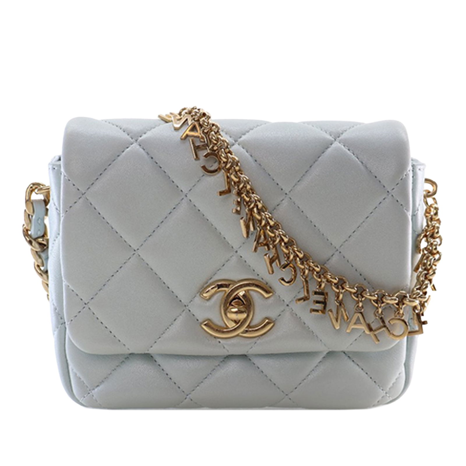 Chanel Mini Quilted Lambskin Crossbody with CC Logo Chain Flap: Chanel Mini Quilted Lambskin Crossbody with CC Logo Chain Flap This Chanel Mini CC Quilted Lambskin Logo Chain Flap crossbody bag features a quilted lambskin leather body, a leather-woven chain link s