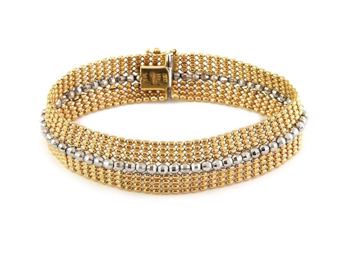 14k Two Tone Gold Beaded Mesh Wide Chain Bracelet (1 of 5)