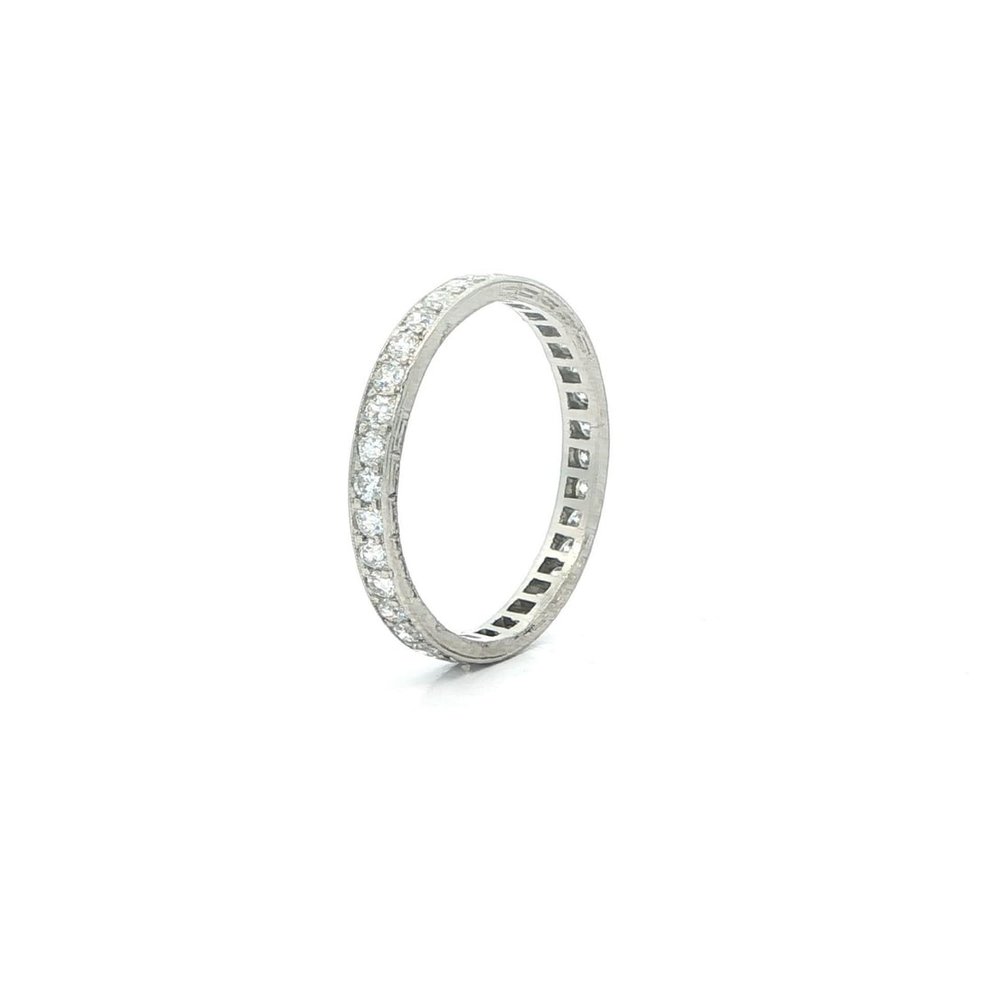 Platinum Diamond Eternity Band with Greek Key Motif and Engraved Sides: Platinum Diamond Eternity Band with Greek Key Motif and Engraved Sides This antique eternity band ring features numerous natural genuine diamonds, including Old European and Old Single Cut stones, bea