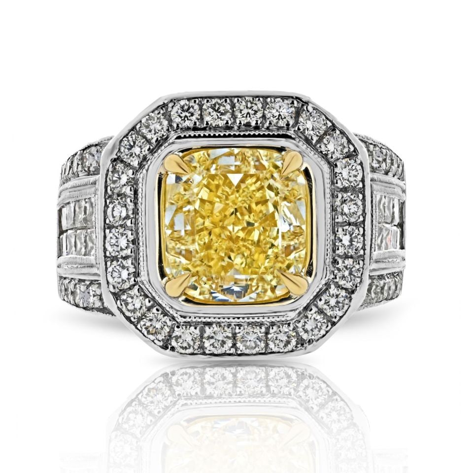 3.20ct GIA Fancy Yellow Intense Cushion Cut Diamond Ring in 14K White Gold: 3.20ct GIA Fancy Yellow Intense Cushion Cut Diamond Ring in 14K White Gold This exquisite engagement ring features a stunning 3.20 carat cushion cut diamond, classified as Fancy Yellow Intense with a