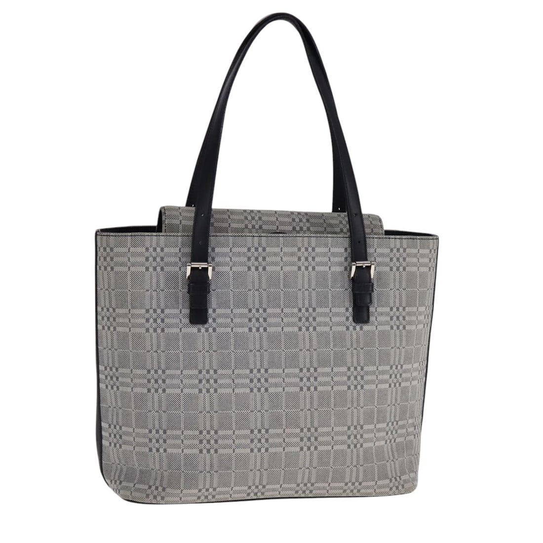Gray Canvas and Leather Tote Bag Burberry Nova Check 28cm by 24cm by 12cm: Gray Canvas and Leather Tote Bag Burberry Nova Check 28cm by 24cm by 12cm This Burberry Nova Check Tote for women features a classic gray canvas body with leather accents. The tote offers a stylish de