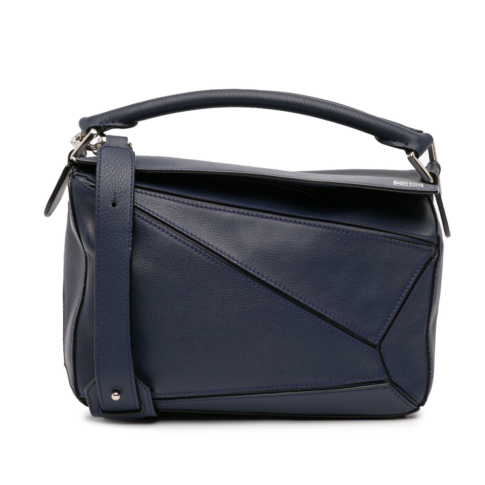 Loewe Puzzle Small Blue Leather Satchel with Top Handle: Loewe Puzzle Small Blue Leather Satchel with Top Handle This LOEWE Small Calfskin Puzzle Satchel features a distinctive leather body with a rolled leather top handle, flap and top zip closure, exterio