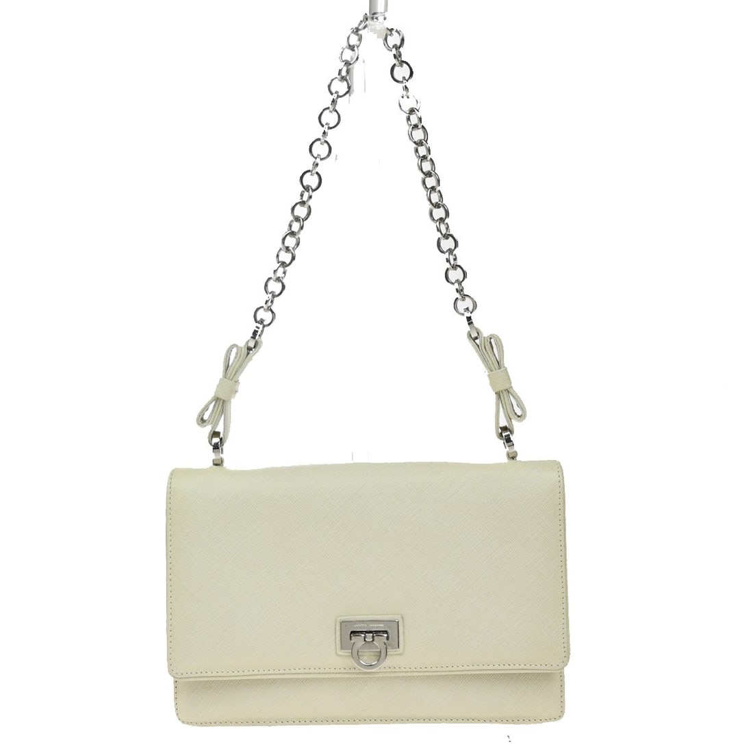Salvatore Ferragamo Leather White Gancini Shoulder Bag: Salvatore Ferragamo Leather White Gancini Shoulder Bag This Salvatore Ferragamo Gancini shoulder bag is crafted from white leather, designed for female use. It features a compact structure suitable fo