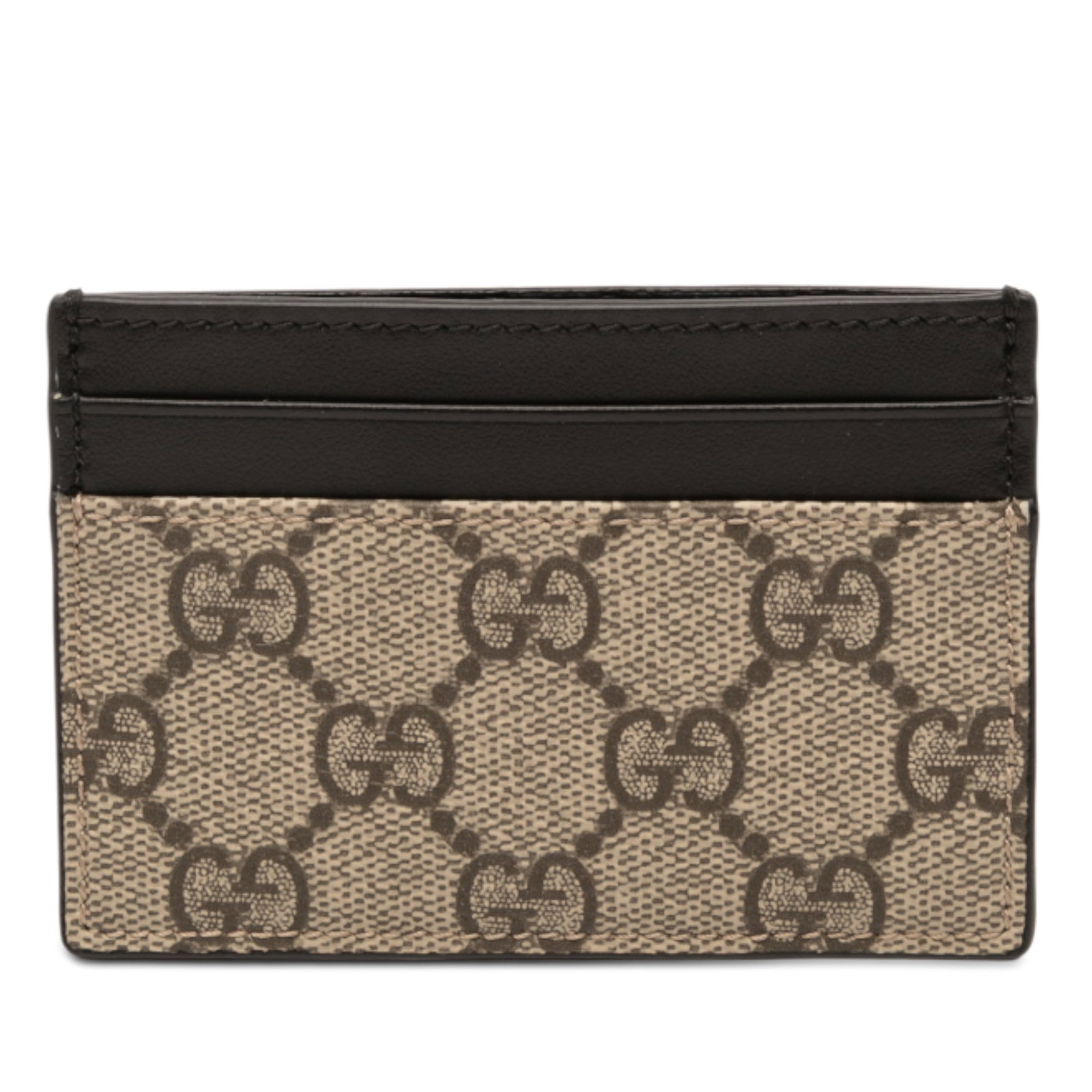 Gucci Brown GG Supreme Coated Canvas Card Holder with Leather Trim: Gucci Brown GG Supreme Coated Canvas Card Holder with Leather Trim This Gucci GG Supreme card holder is crafted from coated canvas with leather trim and features multiple card slots. It showcases the