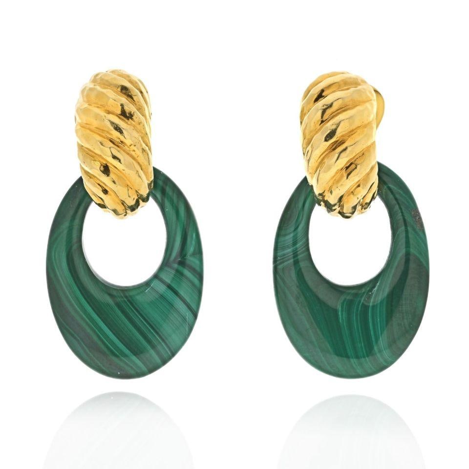 David Webb Malachite Door Knocker Earrings Platinum 18K Gold: David Webb Malachite Door Knocker Earrings Platinum 18K Gold Make a bold statement with the exquisite David Webb Platinum & 18K Yellow Gold Malachite Door Knockers Earrings. These remarkable earrings