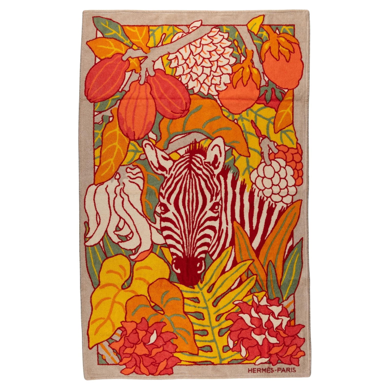 Hermes Au Coeur de l'Ete Cotton Beach Towel 37 x 59 In: Hermes Au Coeur de l'Ete Cotton Beach Towel 37 x 59 In Indulge in luxury with this Hermes "Au Coeur de l'Ete" Beach Towel, designed by Jin Kwon. This exquisite towel is crafted from 100% cotton terry