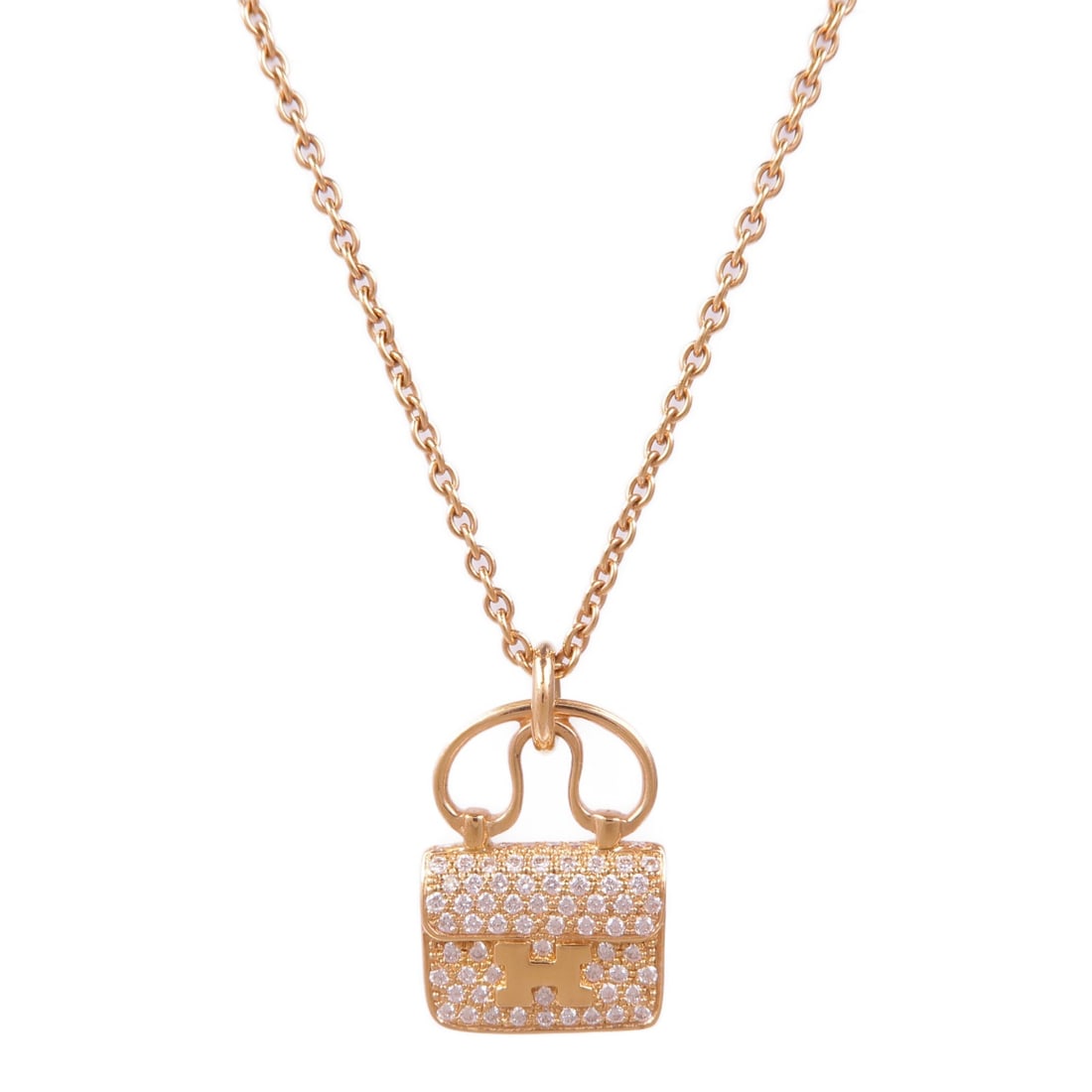 HERMES Amulettes Constance Pendant Necklace 18K Rose Gold Diamond: HERMES Amulettes Constance Pendant Necklace 18K Rose Gold Diamond Elevate your elegance with this stunning HERMES Amulettes Constance Pendant Necklace, meticulously crafted from K18PG (18K Rose Gold).