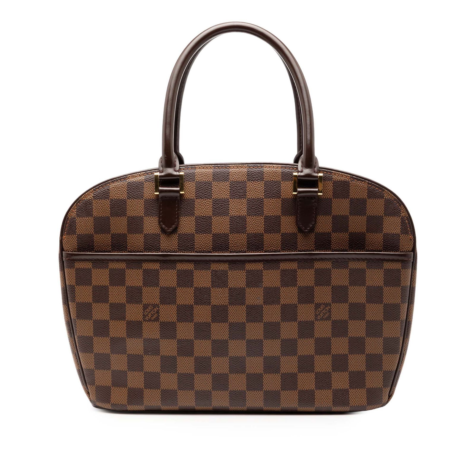 Damier Ebene Sarria Horizontal handbag by Louis Vuitton with rolled leather handles: Damier Ebene Sarria Horizontal handbag by Louis Vuitton with rolled leather handles This Louis Vuitton Damier Ebene Sarria Horizontal bag features a brown Damier Ebene coated canvas body with leather