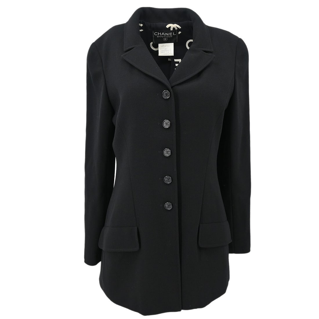 Chanel Vintage Black Wool Single Breasted Jacket 97P #40: Chanel Vintage Black Wool Single Breasted Jacket 97P #40 Elevate your wardrobe with this vintage Chanel Single Breasted Jacket, crafted from 100% premium wool for a luxurious feel. This stylish jacket