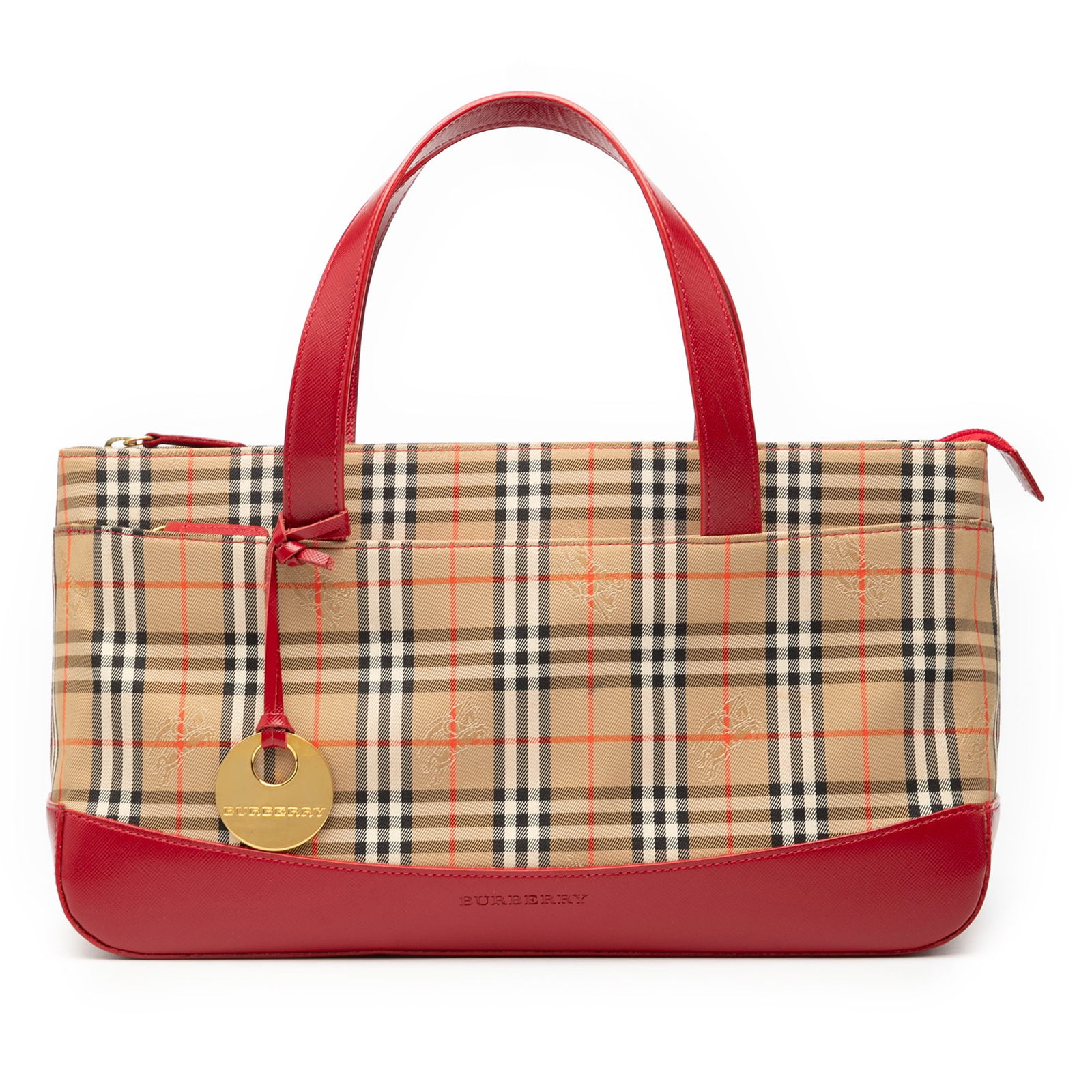 Haymarket Check Canvas Tote by Burberry with Leather Trim: Haymarket Check Canvas Tote by Burberry with Leather Trim This Burberry Haymarket Check Canvas Handbag showcases the iconic haymarket check canvas with leather trim. It features flat leather handles,
