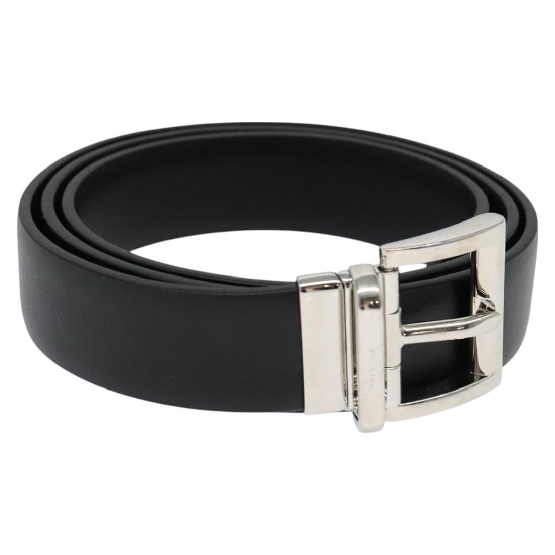 PRADA Leather Belt 35.4 Black Silver Auth Made in Italy: PRADA Leather Belt 35.4 Black Silver Auth Made in Italy This authentic PRADA belt showcases a sleek design crafted from high-quality leather in a classic black color, complemented by silver hardware.