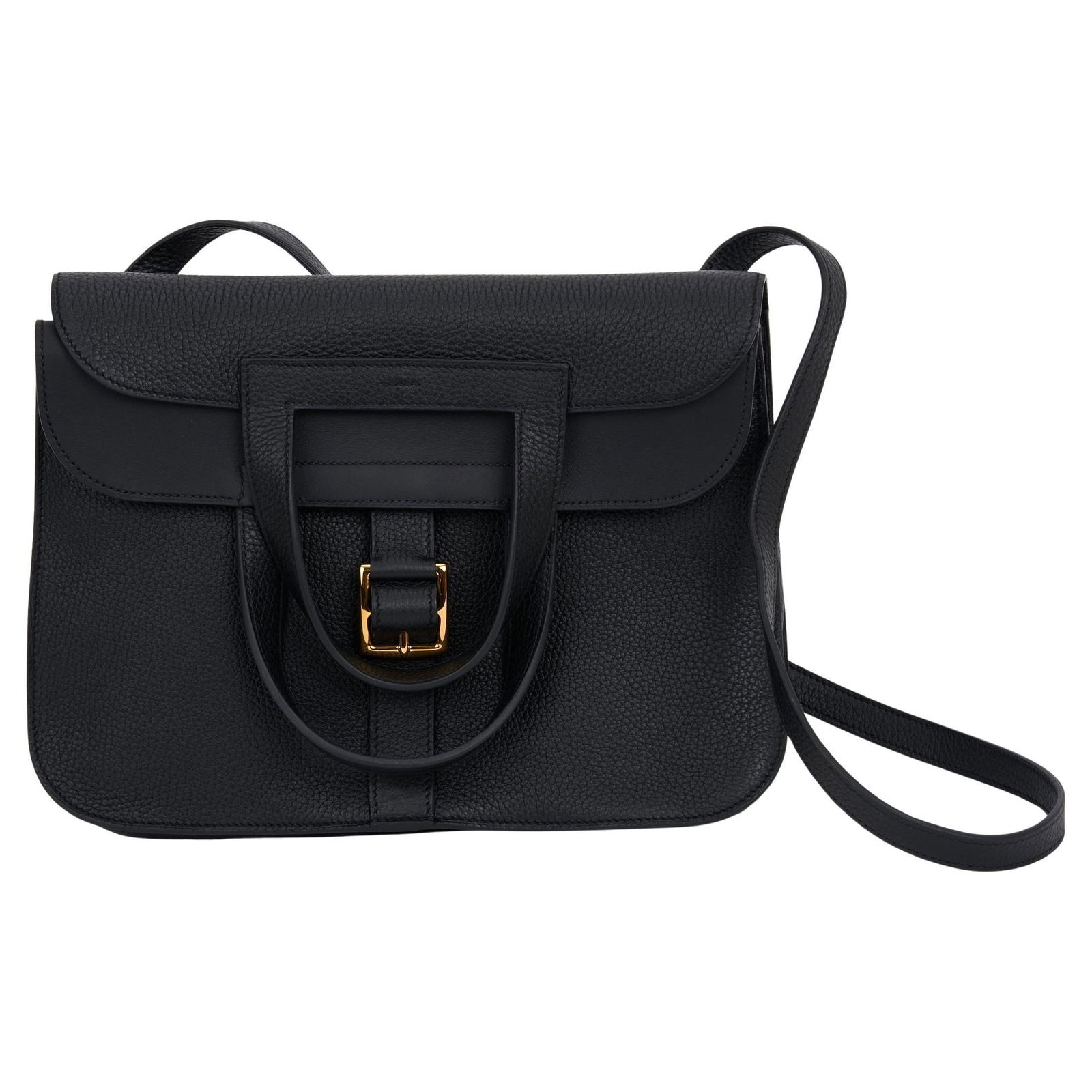Hermes Halzan 31 Caban Black Taurillon Clemence Leather Handbag: Hermes Halzan 31 Caban Black Taurillon Clemence Leather Handbag The Hermes Halzan 31 Caban is a sophisticated handbag crafted from luxurious black Taurillon Clemence leather. It features an optional,