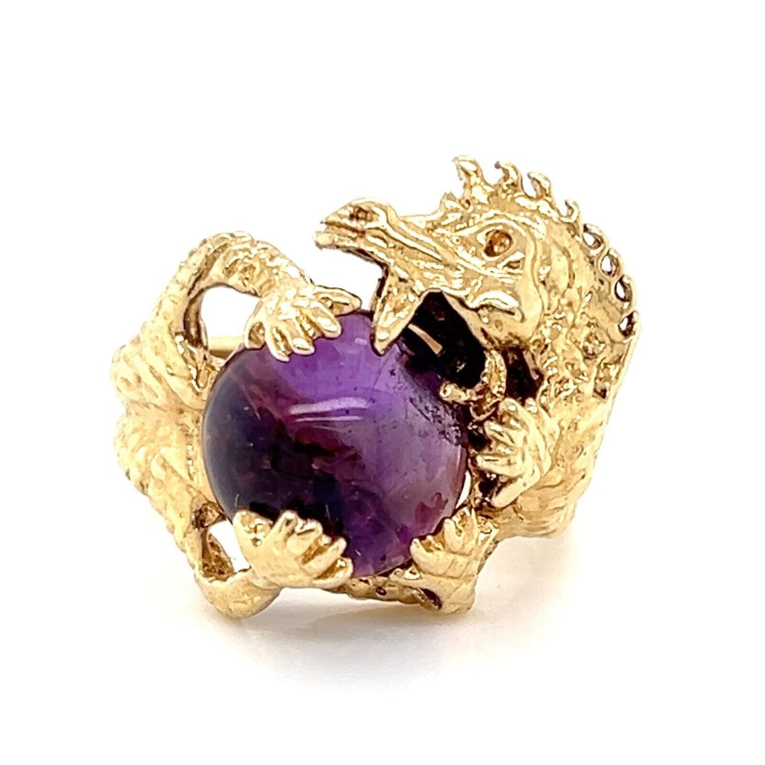 14k Yellow Gold Sculpted Dragon Ring with Amethyst Gemstone Size 3: 14k Yellow Gold Sculpted Dragon Ring with Amethyst Gemstone Size 3 This striking statement ring is crafted from solid 14k yellow gold and features an intricately sculpted dragon design. The dragon clu