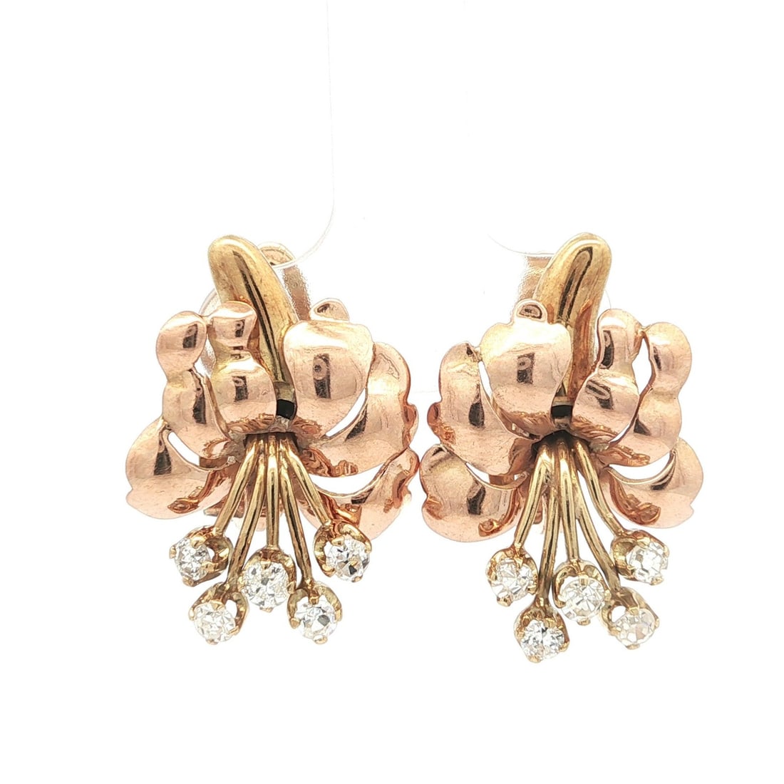 Diamond Bouquet Earrings in 13-14k Yellow and Rose Gold Omega Retro Vintage .60ct: Diamond Bouquet Earrings in 13-14k Yellow and Rose Gold Omega Retro Vintage .60ct These vintage retro earrings feature a flower bouquet design set with approximately 0.60 carats of natural old mine cu