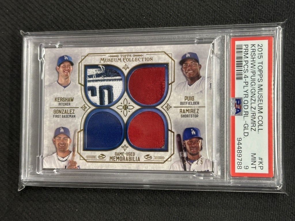 2015 Museum Clayton Kershaw Quad Relic PSA 9 Los Angeles Dodgers #KP: 2015 Museum Clayton Kershaw Quad Relic PSA 9 Los Angeles Dodgers #KP This collectible 2015 Museum Quad Relic Baseball Card features four prominent players: Clayton Kershaw, Yasiel Puig, Hanley Ramirez