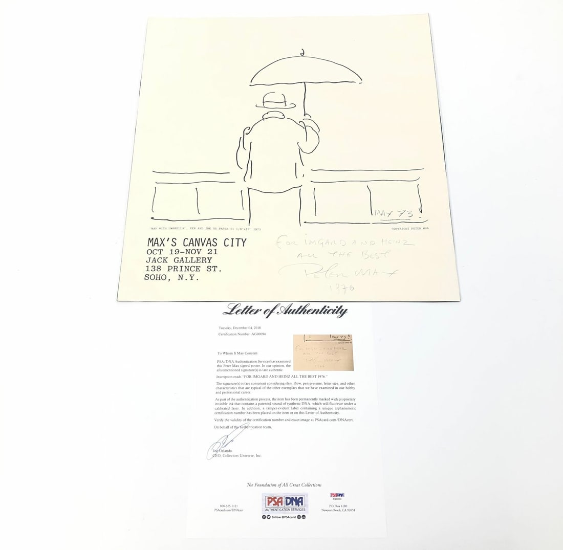 Peter Max Signed Canvas City Poster 17x18 PSA/DNA Certified: Peter Max Signed Canvas City Poster 17x18 PSA/DNA Certified This is an original 17x18.25 poster of Max's Canvas City, beautifully signed by renowned artist Peter Max. The autograph has been authentica