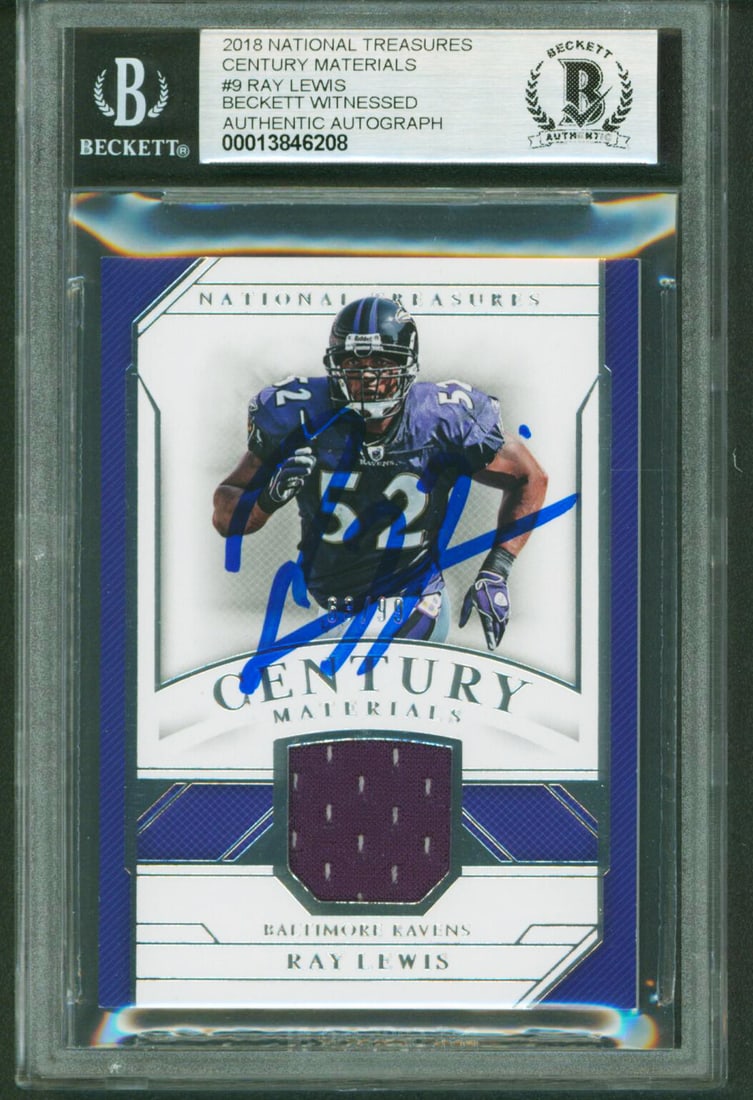 Ray Lewis Autographed 2018 National Treasures Century Mat Card #9 Gem Mint 10 BAS: Ray Lewis Autographed 2018 National Treasures Century Mat Card #9 Gem Mint 10 BAS This 2018 National Treasures Century Materials #9 card features a stunning autograph from Ray Lewis, a legendary playe