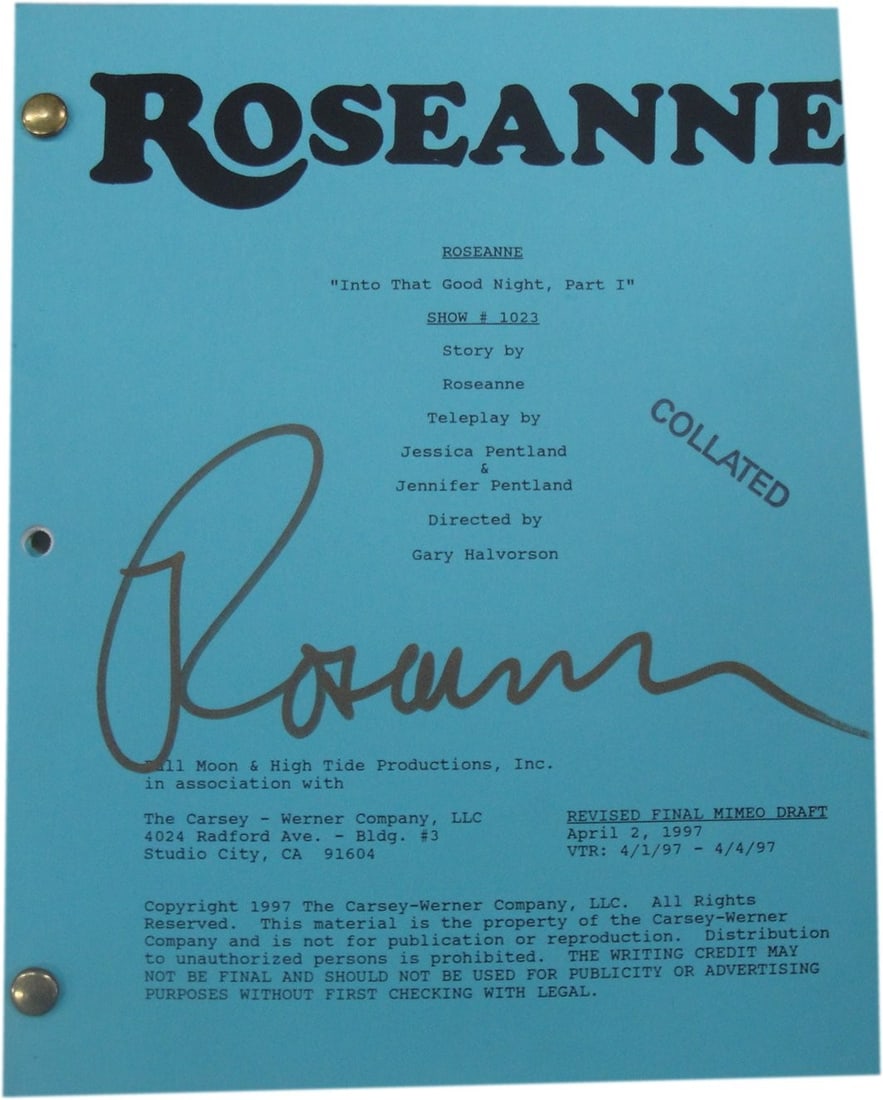 Rosanne Barr Signed Final Episode Script Cover Global Authentics: Rosanne Barr Signed Final Episode Script Cover Global Authentics This is an original autographed script cover of the final episode of "Rosanne" signed by the iconic Rosanne Barr. The script includes t