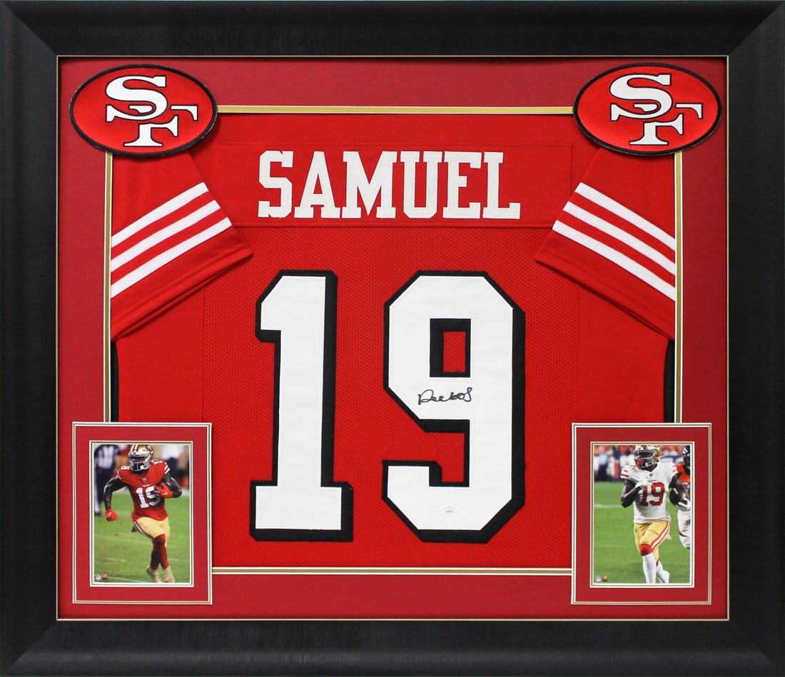 Deebo Samuel Signed Framed Jersey San Francisco 49ers JSA Certified: Deebo Samuel Signed Framed Jersey San Francisco 49ers JSA Certified Celebrate your fandom with this authentic, autographed Deebo Samuel red pro style framed jersey. Personally signed by San Francisco