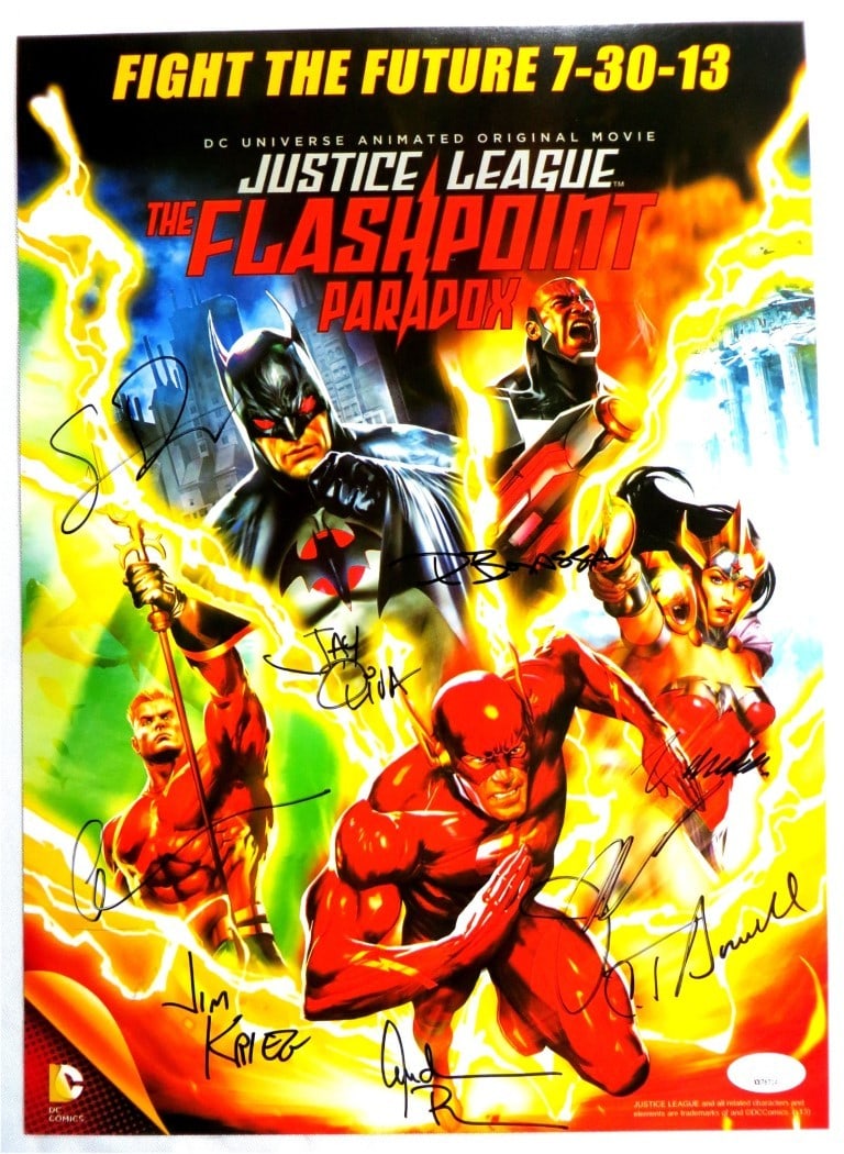 Justice League Flashpoint Autographed 10x14 Poster 9 Signatures JSA: Justice League Flashpoint Autographed 10x14 Poster 9 Signatures JSA This original 10x14 poster from Justice League: Flashpoint features the autographs of notable cast members, including C. Thomas Howe