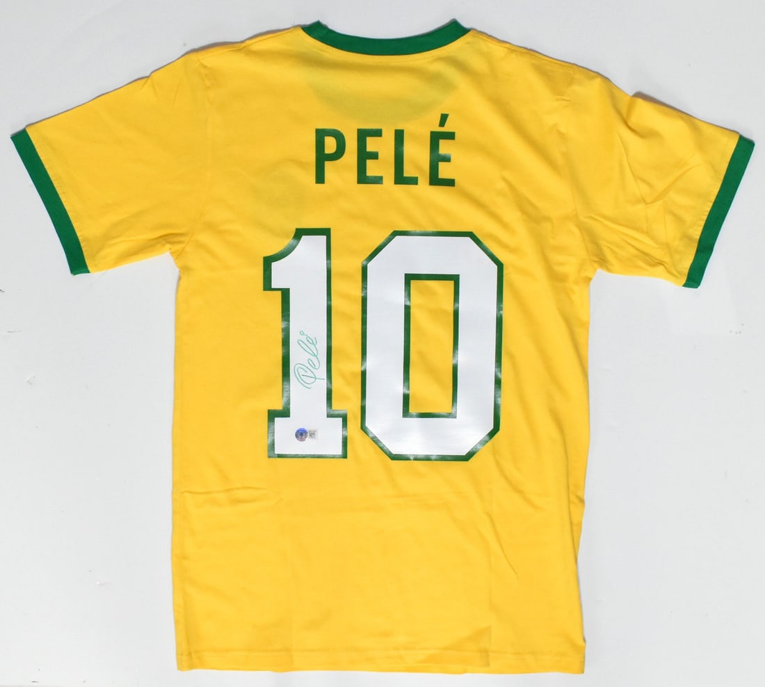 Brazil Soccer Jersey Signed by Pele with Beckett Hologram XL: Brazil Soccer Jersey Signed by Pele with Beckett Hologram XL This is an original Brazil home soccer jersey, size XL, autographed by the legendary player Pele. The jersey features the iconic number 10