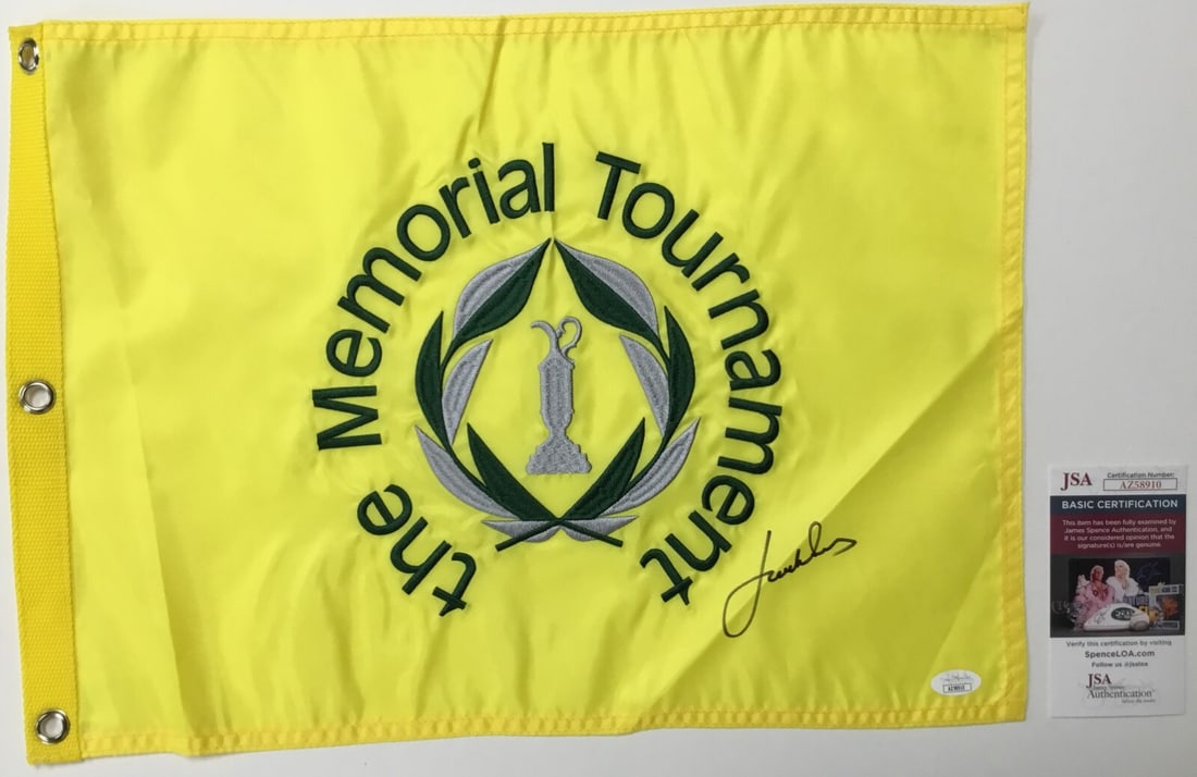 Jordan Spieth Signed Memorial Tournament Pin Flag JSA Authenticated: Jordan Spieth Signed Memorial Tournament Pin Flag JSA Authenticated This is an officially licensed pin flag from The Memorial Tournament, beautifully signed by PGA star Jordan Spieth. The autograph is