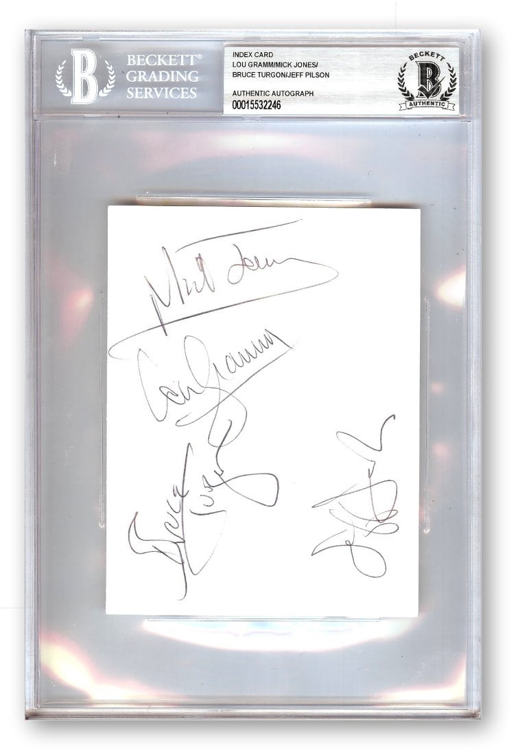 Foreigner Band Autographed Index Card Lou Gramm Mick Jones BAS Certified: Foreigner Band Autographed Index Card Lou Gramm Mick Jones BAS Certified This is an original autographed index card featuring the iconic band Foreigner. The card is authenticated by Beckett Authentica