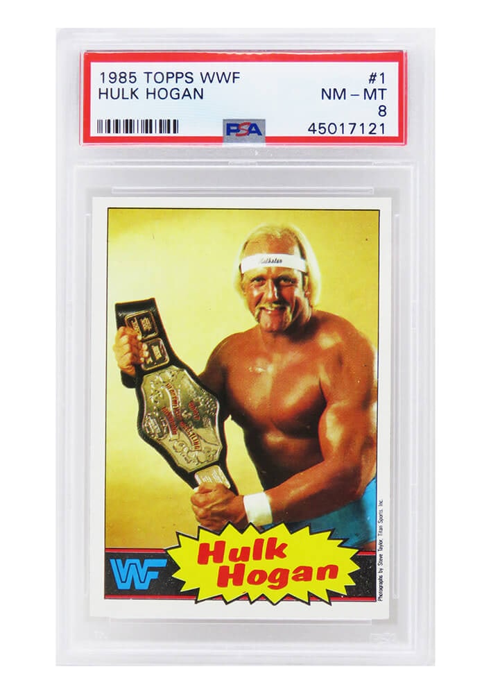 Hulk Hogan 1985 Topps WWF Rookie Card #1 PSA 8 Yellow Background: Hulk Hogan 1985 Topps WWF Rookie Card #1 PSA 8 Yellow Background This listing features a Hulk Hogan 1985 Topps WWF Pro Wrestling Stars rookie card #1, recognized for its striking yellow background. Th