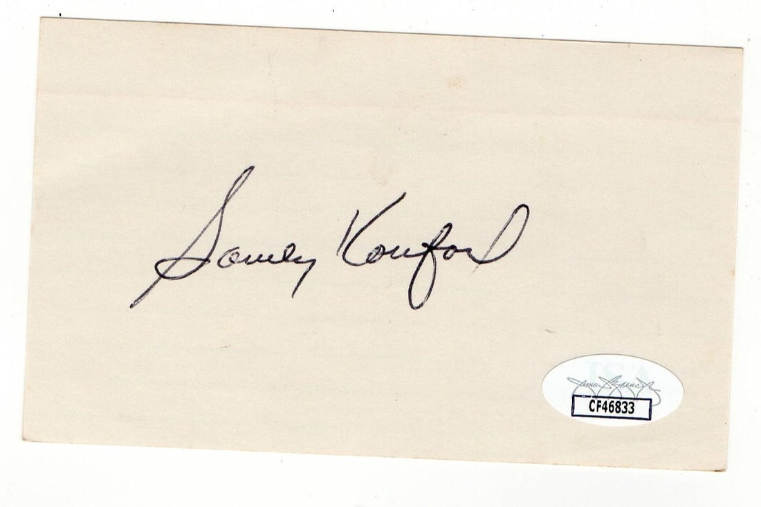Sandy Koufax Autographed 3x5 Index Card Dodgers JSA Certified: Sandy Koufax Autographed 3x5 Index Card Dodgers JSA Certified This is a pre-owned 3X5 index card autographed by Hall of Famer Sandy Koufax, a legendary pitcher for the Los Angeles Dodgers. The autogra