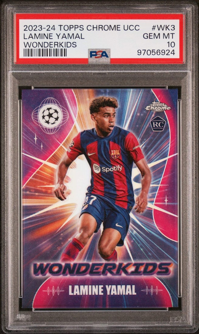 PSA 10 2023 Wonderkids RC Lamine Yamal Topps Chrome UCC Soccer Card #WK3: PSA 10 2023 Wonderkids RC Lamine Yamal Topps Chrome UCC Soccer Card #WK3 This is an original 2023 Topps Chrome UCC Wonderkids RC soccer card featuring Lamine Yamal of FC Barcelona. The card has been p